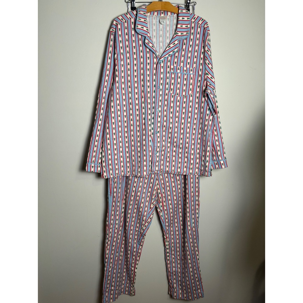 Hanna Anderson Mens Cotton Flannel Pajama Set L Christmas Tree Stripe Holiday